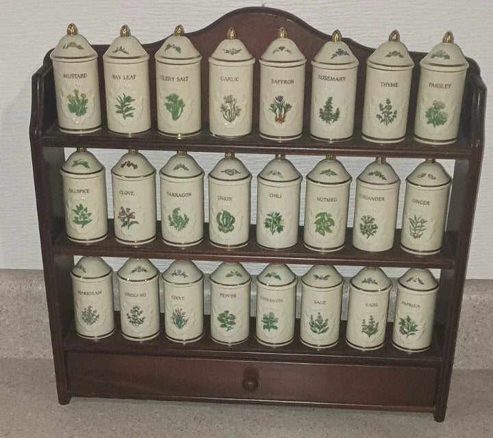 VTG 1992 Lenox Spice Garden 24Jar Complete Set W/ Original Cherry Wood Wall Rack